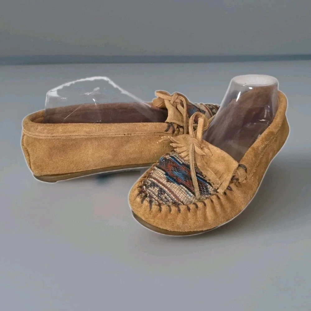Minnetonka El Paso Moccasins Women's 9 Brown Suede Aztec Loafers Boho